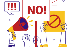 Illustration of arms in a protest. One is holding a megaphone, two are holding placards