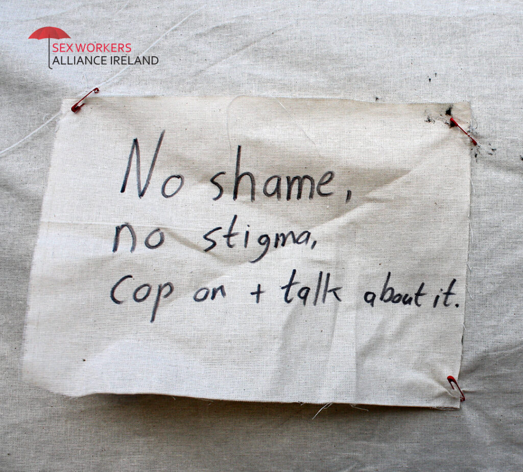 No Shame no stigma, no stigma, cop on & talk about it Written in black marker on canvas